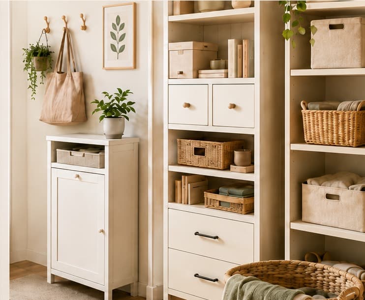 Warm, organized small-space cabinetry with shelves and baskets